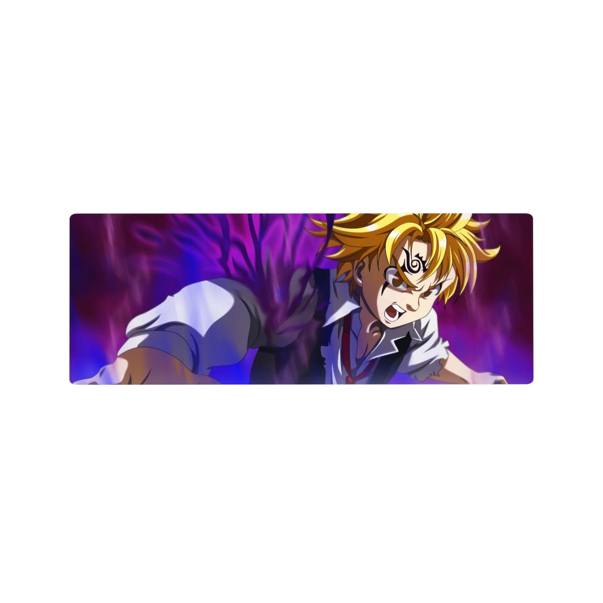 32x12 inches anime mouse pad featuring a dynamic battle pose, crisp lines, rich shadows, bold desk design.