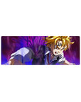 32x12 inches anime mouse pad featuring a dynamic battle pose, crisp lines, rich shadows, bold desk design.