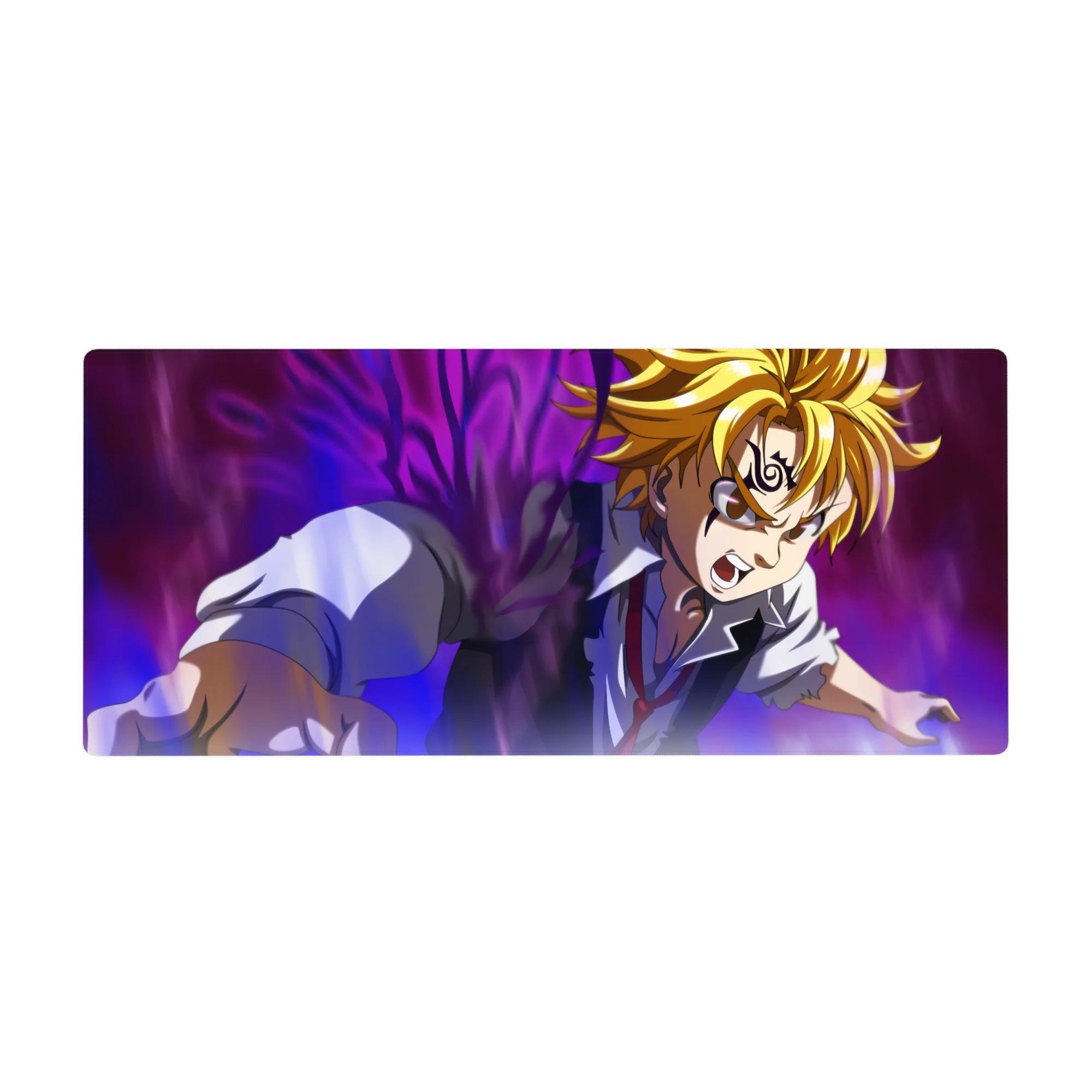 Meliodas action anime desk pad with demon mark, swirling energy backdrop, 36x16 inches.