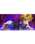 Meliodas action anime desk pad with demon mark, swirling energy backdrop, 36x16 inches.