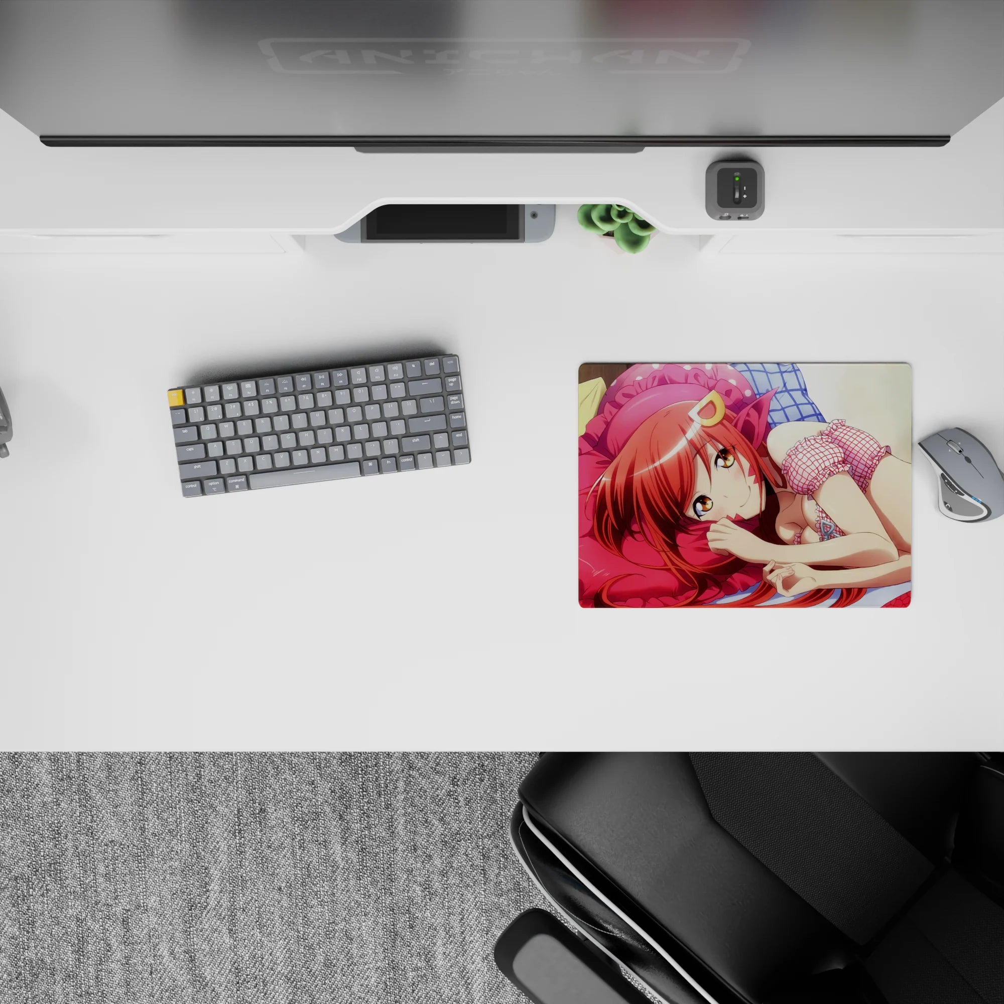 Cozy flirt anime mouse pad 14x10 inches in candy pinks, cool blue sheets, and sparkly highlights.