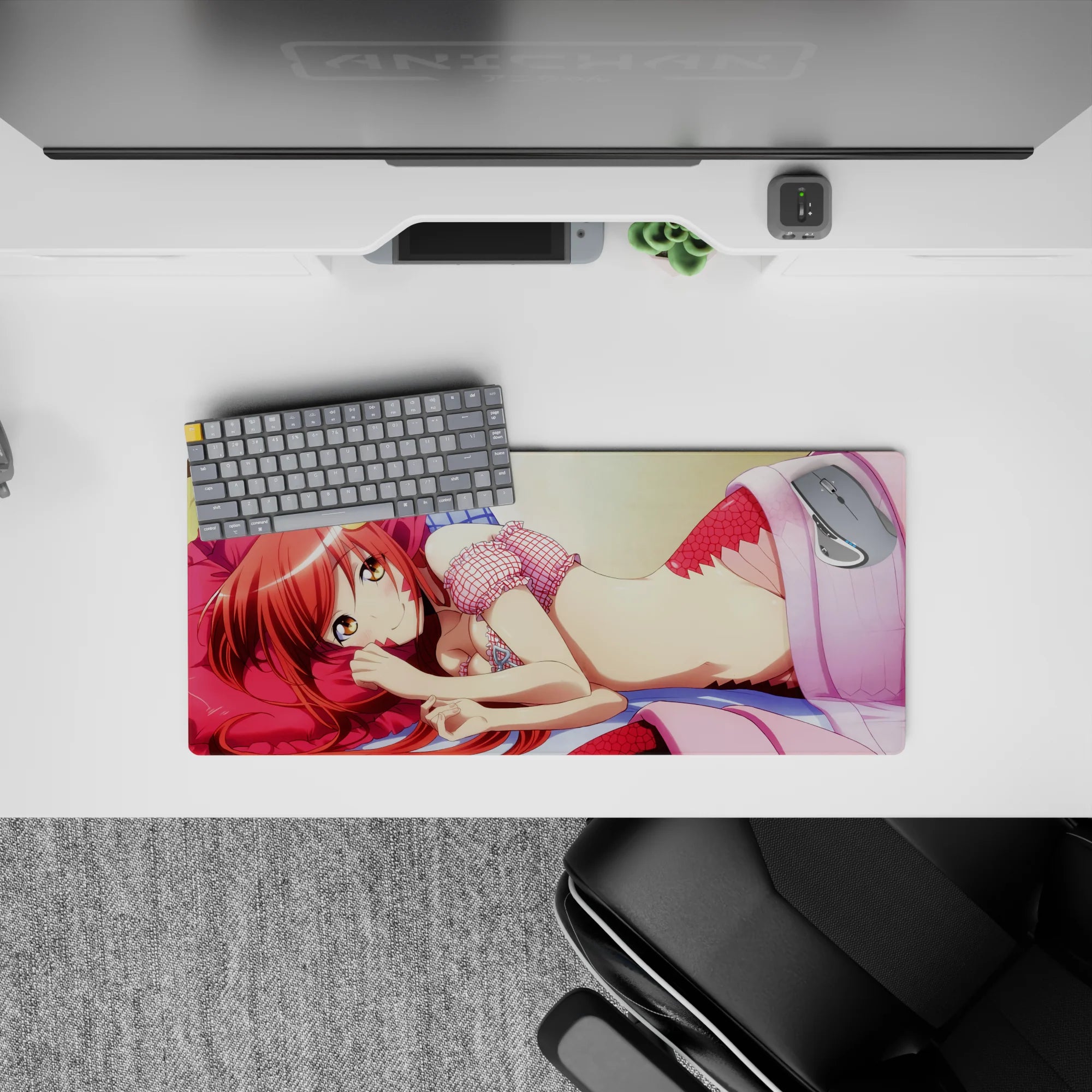 Cozy flirt anime mouse pad 28x12 inches in candy pinks, cool blue sheets, sparkly highlights and scales.