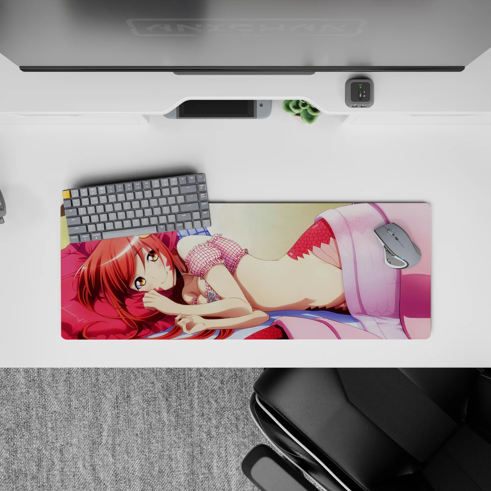Cozy flirt anime girl mouse pad 32x12 inches in candy pink, peach, and cool blue for a cute desk vibe.