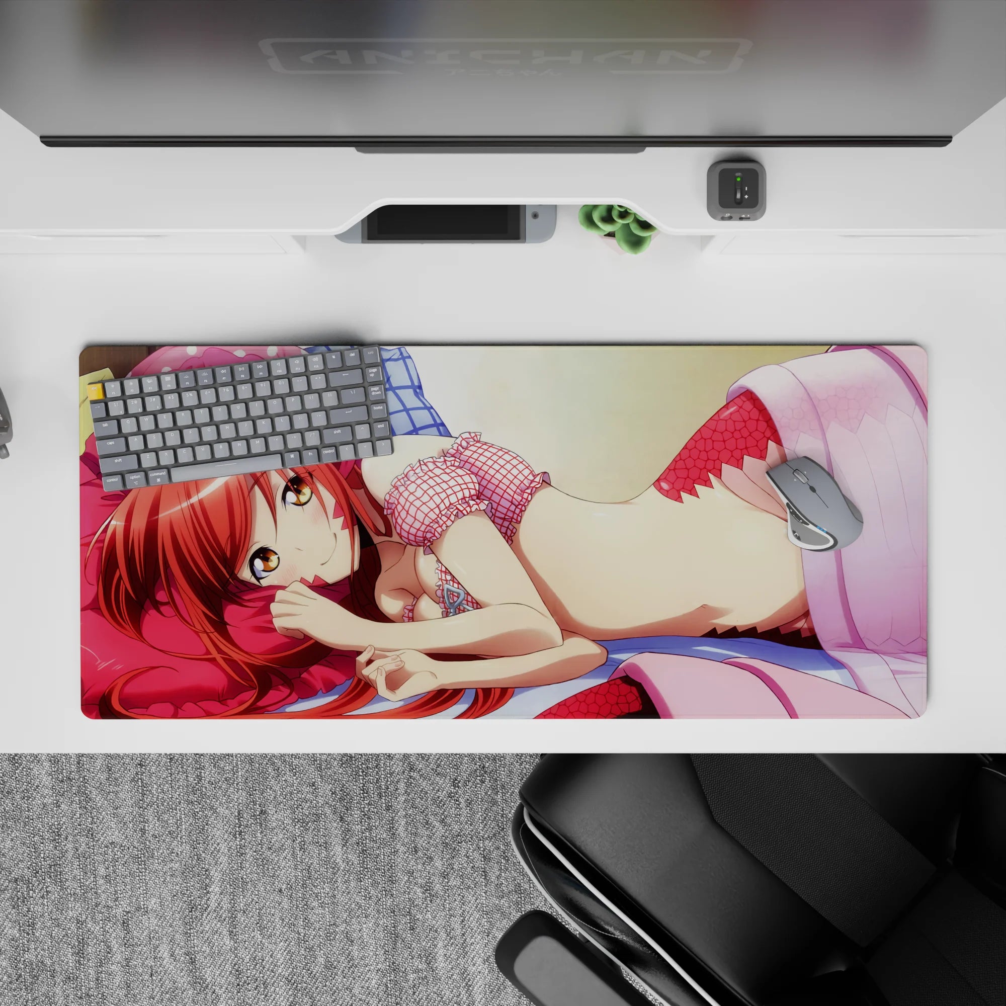 36x16 inches kawaii desk pad in candy pinks, peach skin tones, and cool blue sheets for cozy flirt vibes.