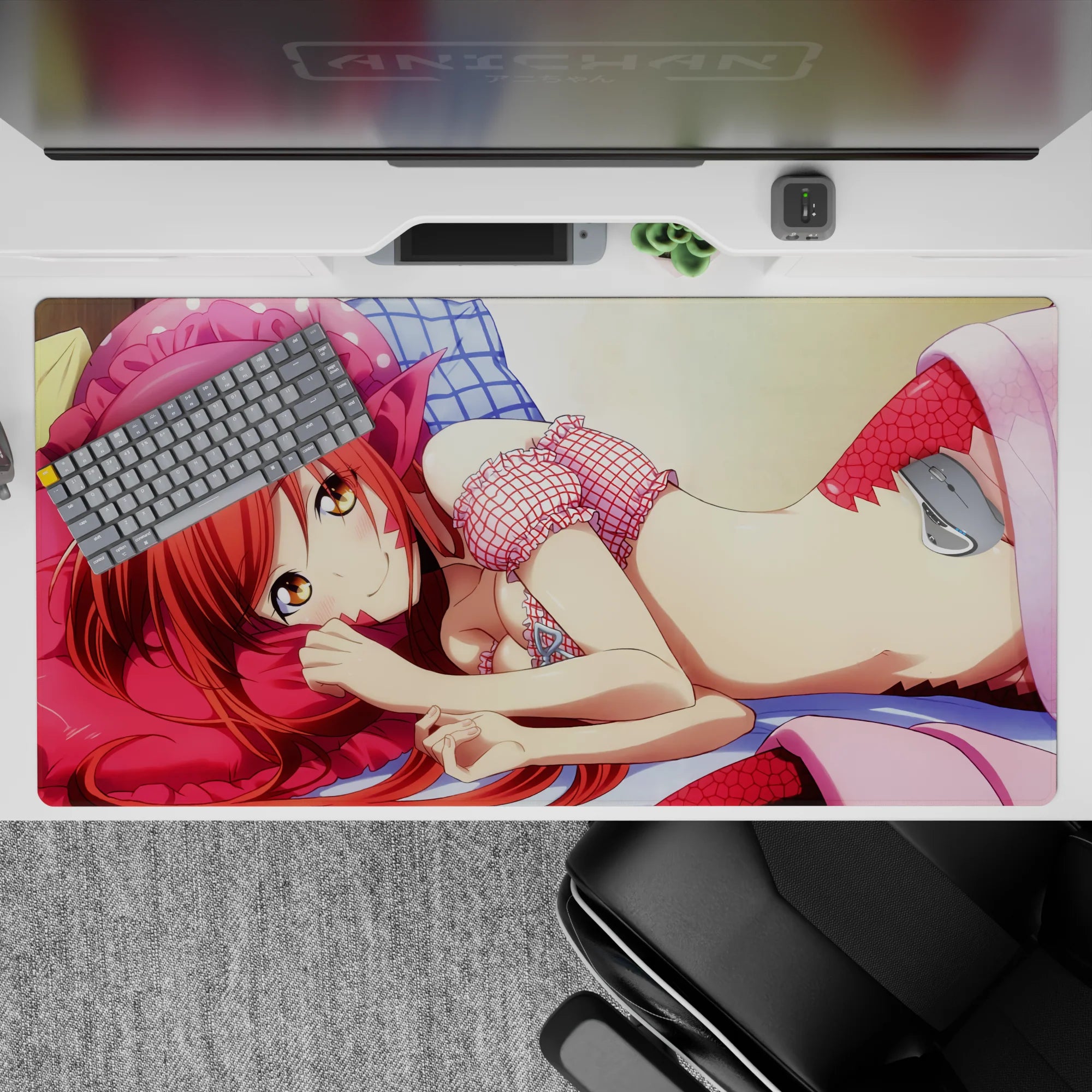 Cozy candy-pink and cool-blue anime desk pad 40x20 inches with sparkly highlights and sweet vibe.