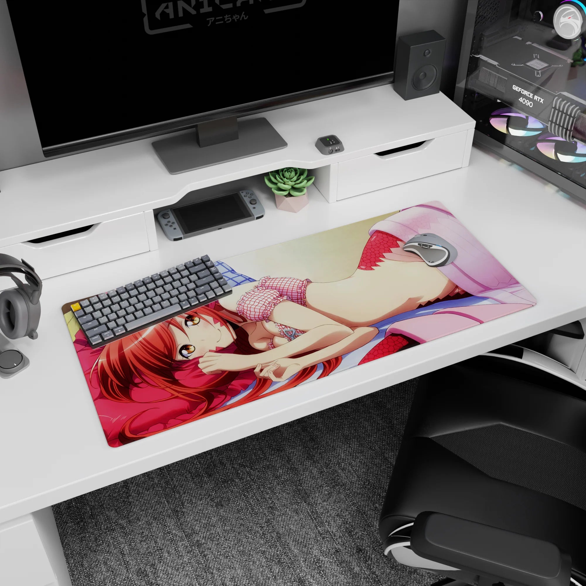 36x16 inches anime desk pad showing golden-eyed redhead lounging on a pink pillow with sparkly highlights.
