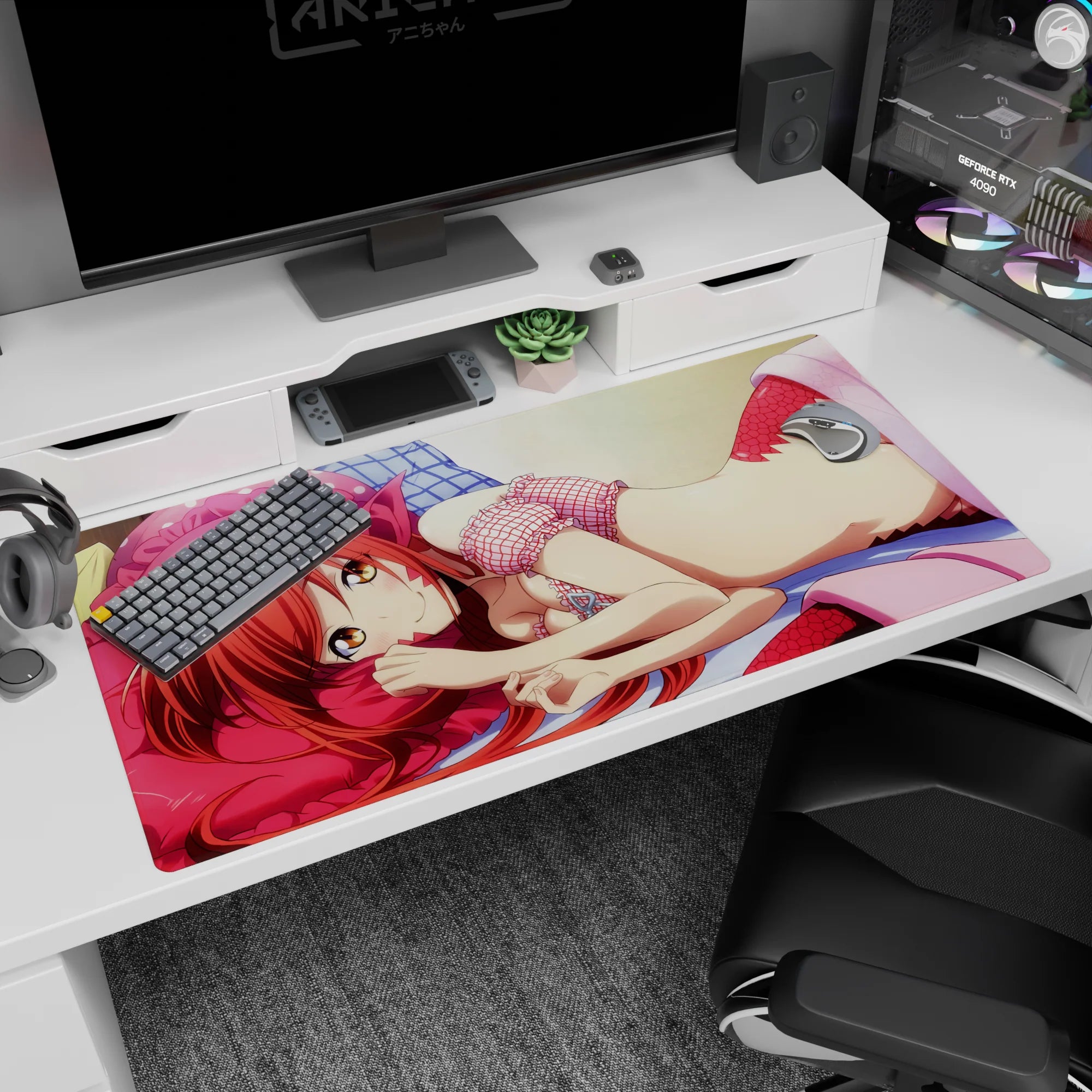 Red-haired anime girl lounging on a pink pillow on a 40x20 inches desk pad, golden eyes, tiny crown clip.