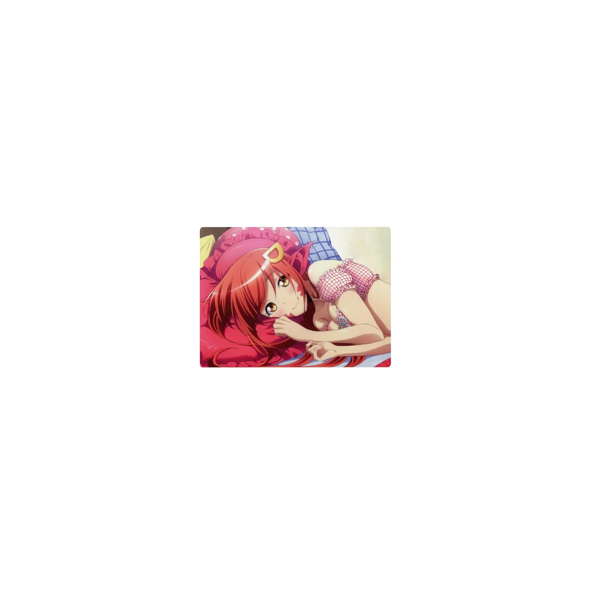 Classic anime girl mouse pad 14x10 inches, red-haired cutie lounging on a pink pillow with crown clip.