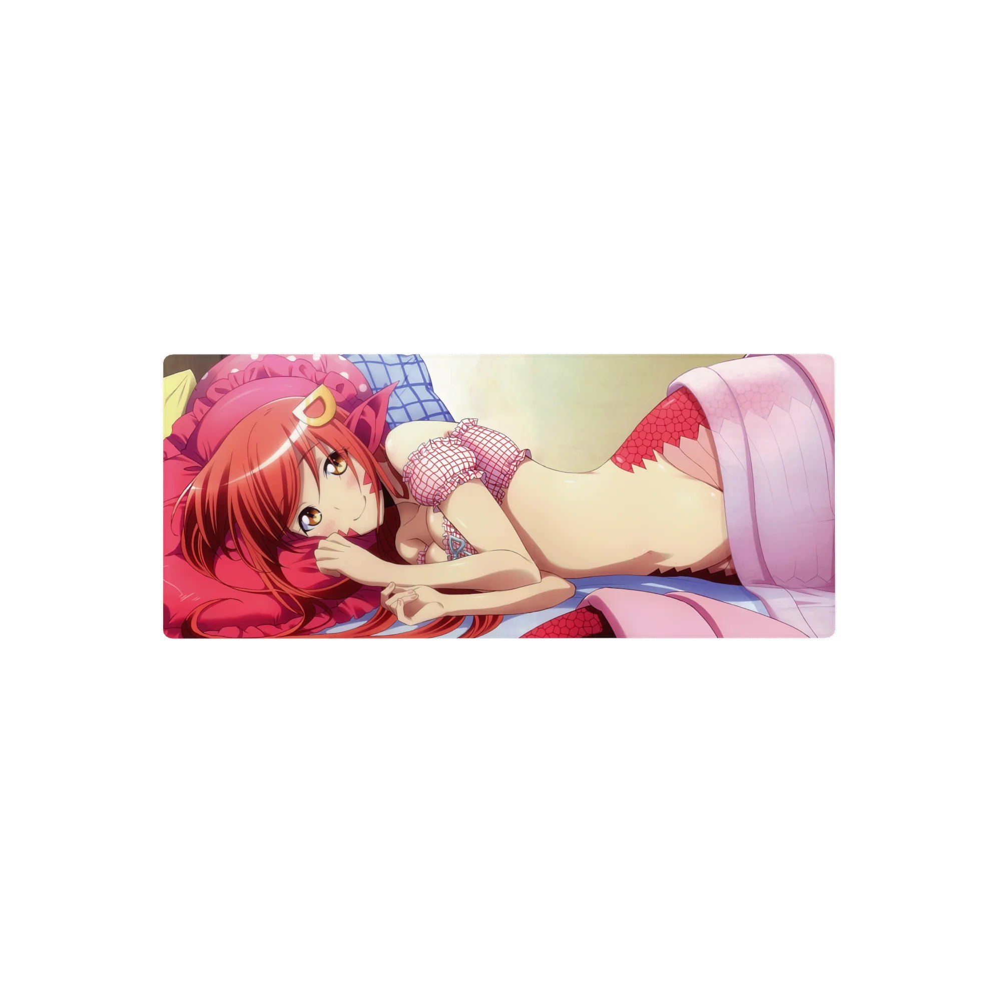 Anime girl mouse pad 28x12 inches with red-haired cutie, pink pillow, crown clip, frilly mesh details.