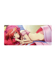 Anime girl mouse pad 28x12 inches with red-haired cutie, pink pillow, crown clip, frilly mesh details.