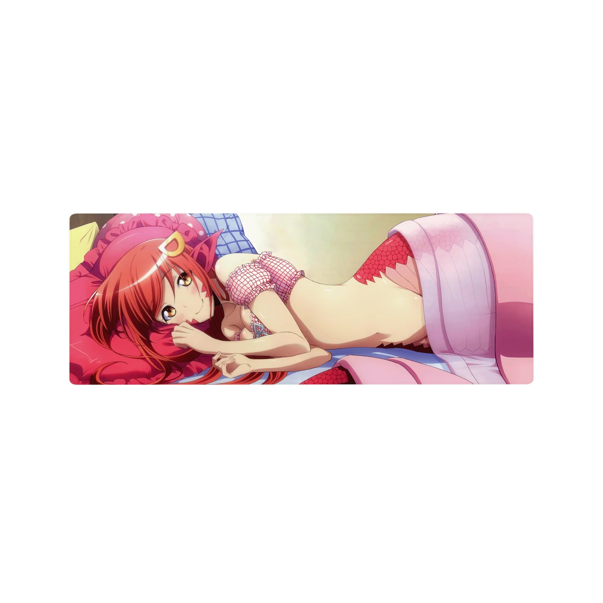 Anime girl mouse pad 32x12 inches with red-haired cutie on pink pillow, crown clip, frilly mesh details.