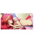 32x16 inches anime girl mouse pad with red-haired waifu, crown hair clip, frilly pink mesh, pillow pose.