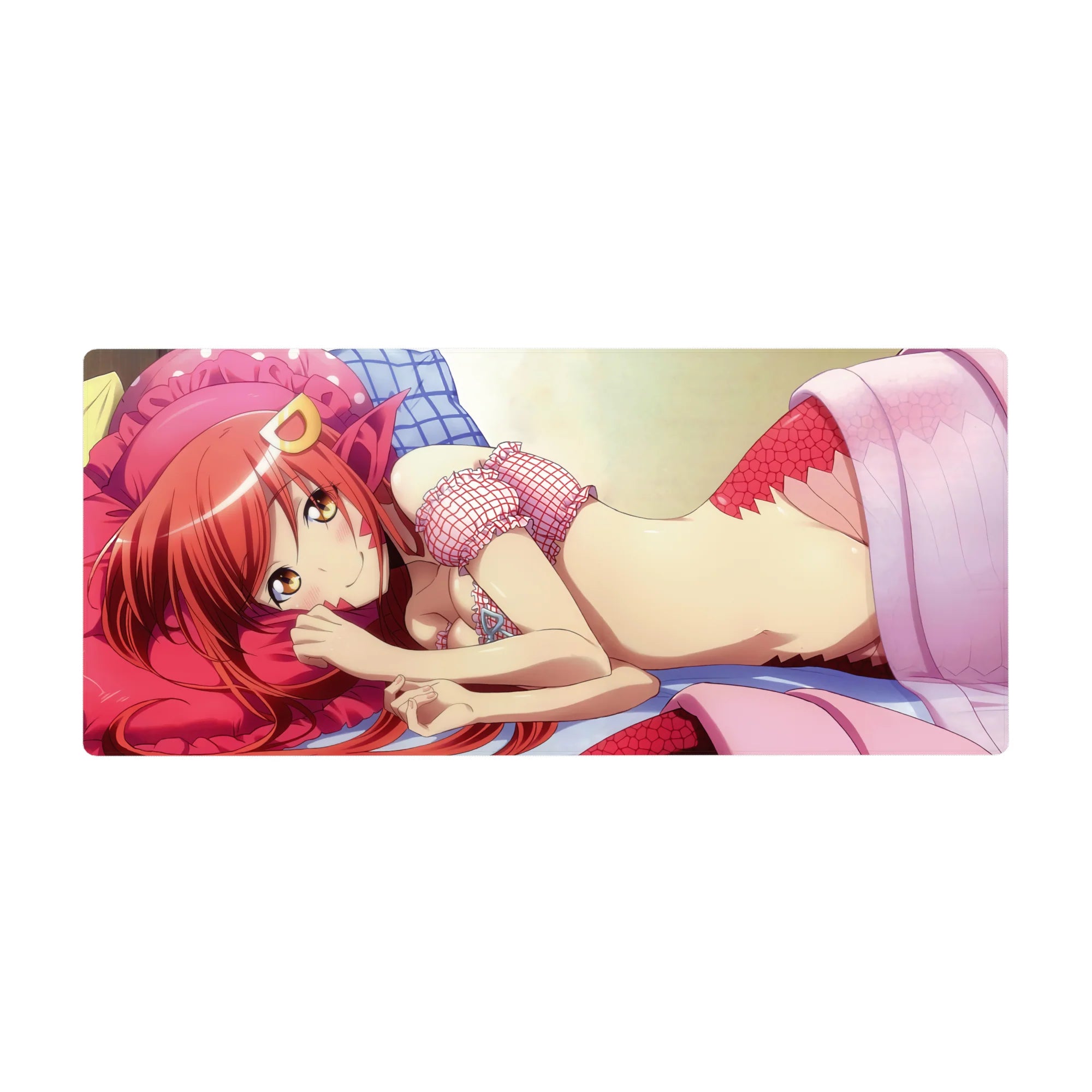 36x16 inches anime girl desk pad with red-haired cutie on pink pillow, crown clip, frilly mesh accents.