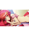 Anime girl desk pad 40x20 inches with red-haired cutie, crown clip, frilly pink mesh, pink pillow.