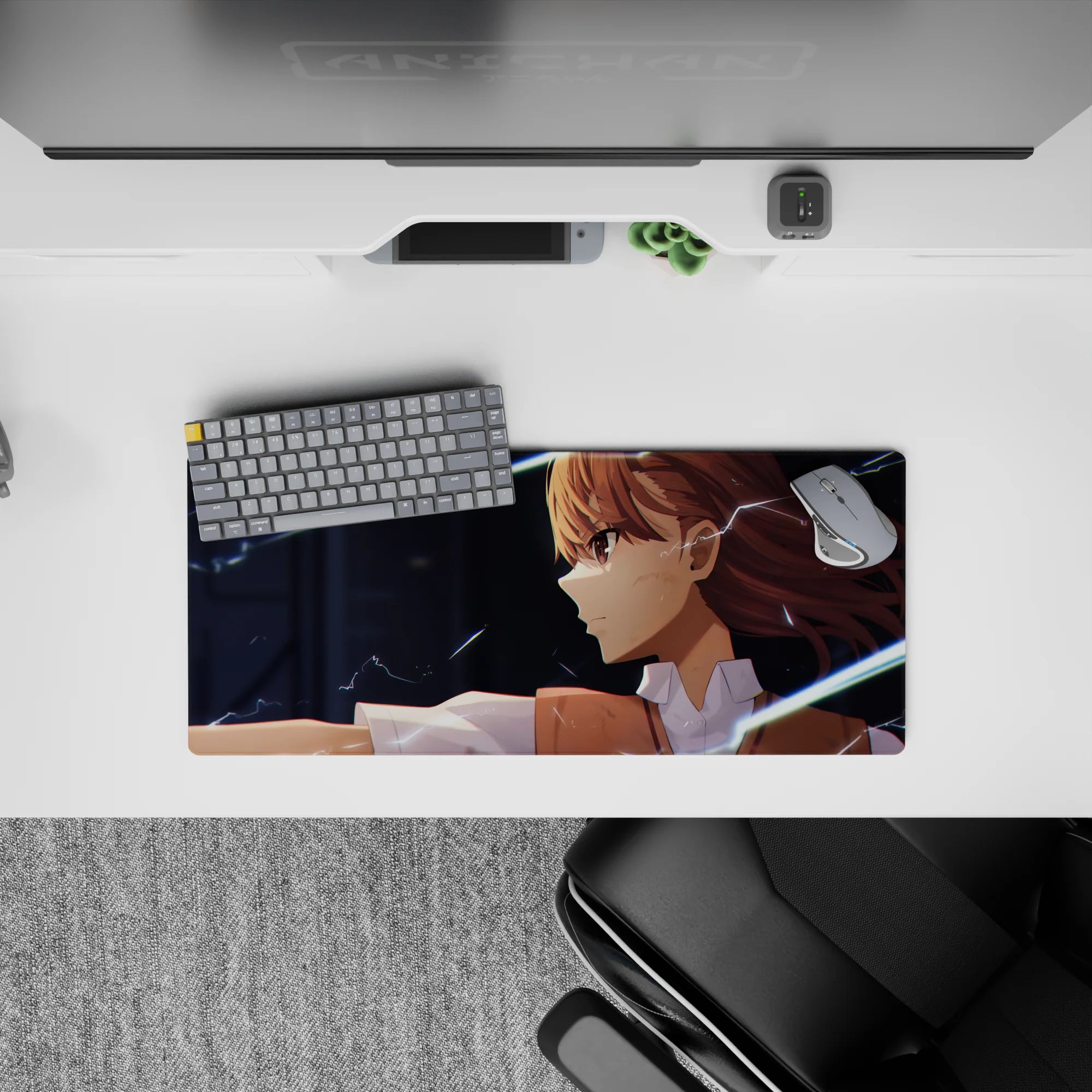 Anime girl mouse pad 28x12 inches in warm chestnut tones with neon-blue lightning on a dramatic dark scene.