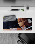 Anime girl mouse pad 28x12 inches in warm chestnut tones with neon-blue lightning on a dramatic dark scene.