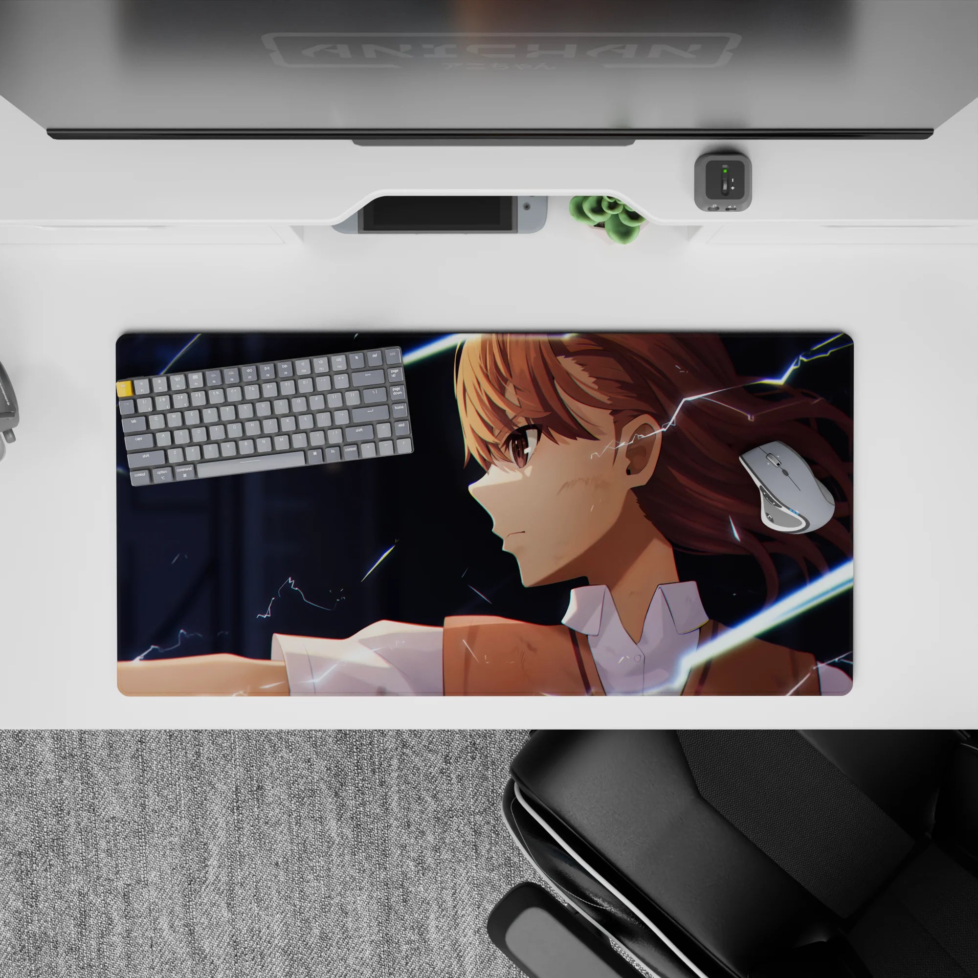 Anime girl mouse pad 32x16 inches in chestnut hair tones with neon-blue sparks on a moody dark backdrop.