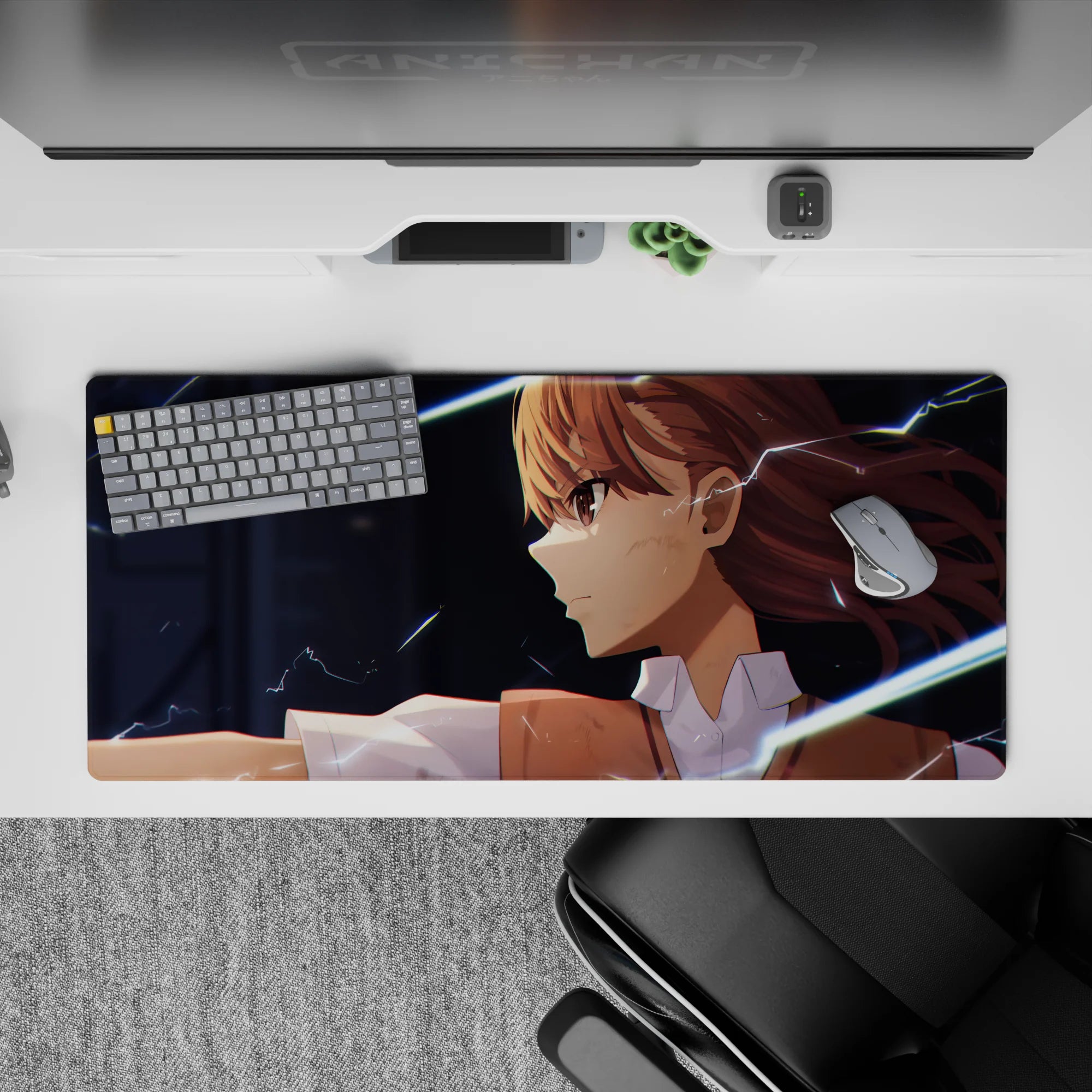 36x16 inches anime desk pad in warm chestnut tones with soft skin shades and electric blue sparks, moody vibe.