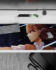36x16 inches anime desk pad in warm chestnut tones with soft skin shades and electric blue sparks, moody vibe.