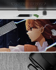 Dark moody anime desk pad 40x20 inches in warm skin tones and bright electric blue sparks for bold contrast.