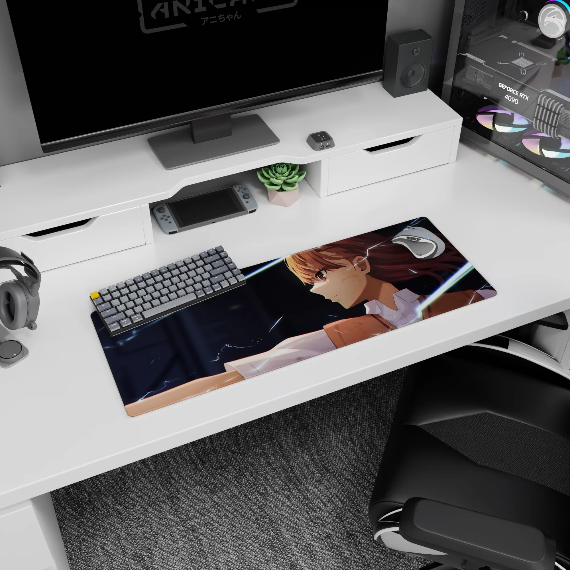 32x12 inches Mikoto Misaka mouse pad inspired by A Certain Scientific Railgun, sparks crackling across the desk.