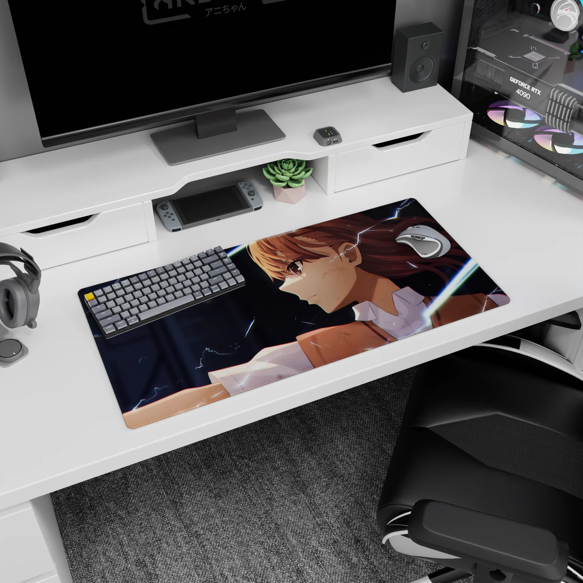 Mikoto Misaka anime girl mouse pad 32x16 inches, Railgun-style electric sparks crackling across the desk.