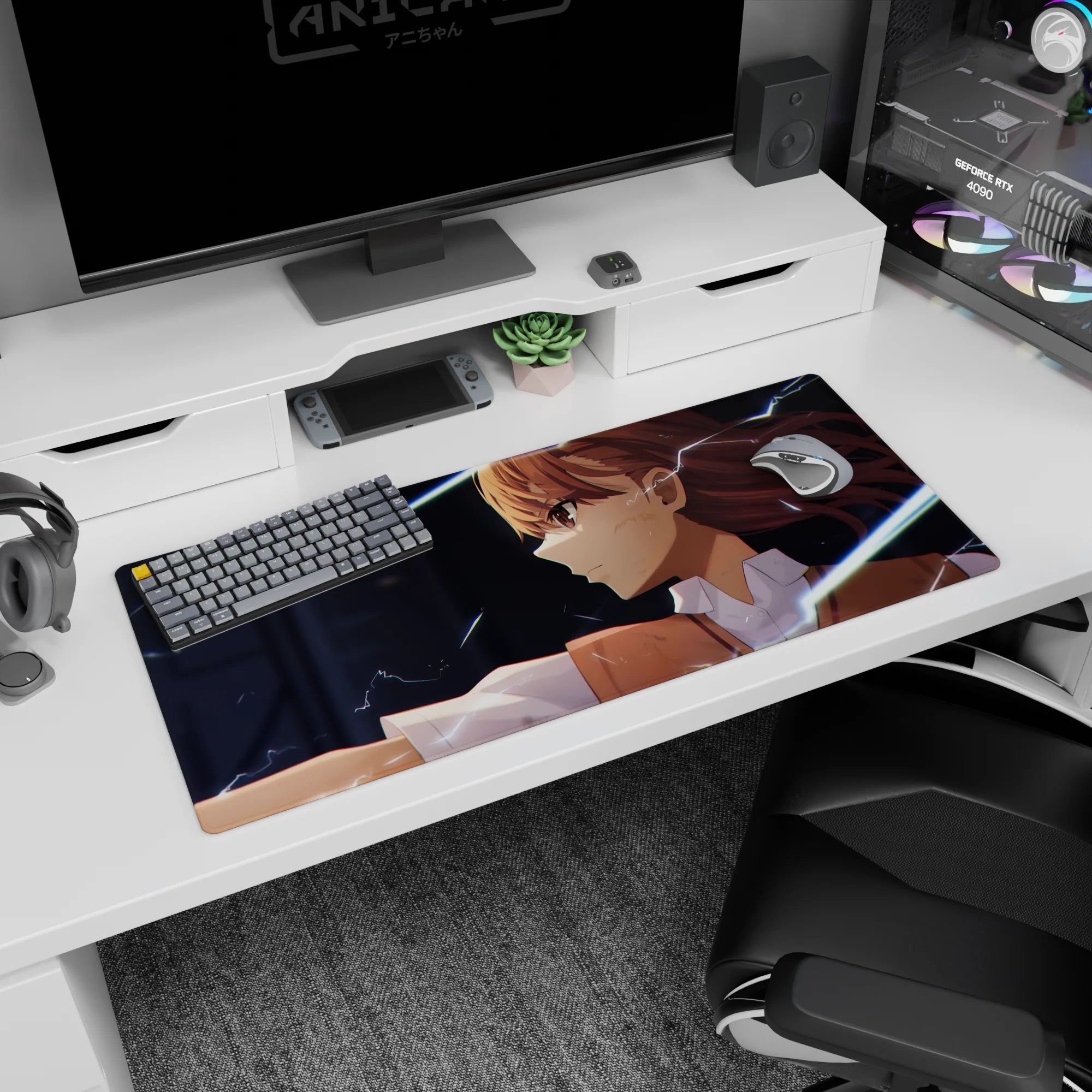 36x16 inches Mikoto Misaka desk pad inspired by A Certain Scientific Railgun, sparks crackling across the desk.