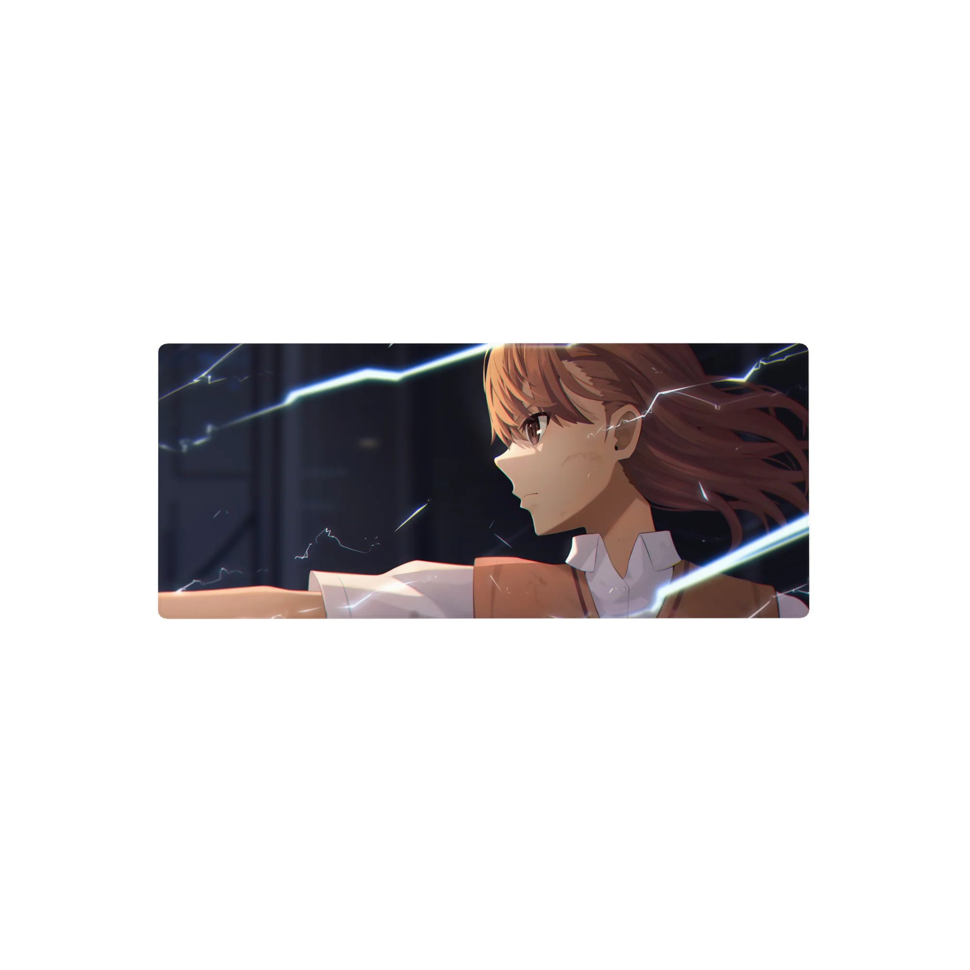 Anime girl mouse pad 28x12 inches with fierce side glance, lightning sparks, and dark moody background.