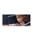 Anime girl mouse pad 28x12 inches with fierce side glance, lightning sparks, and dark moody background.