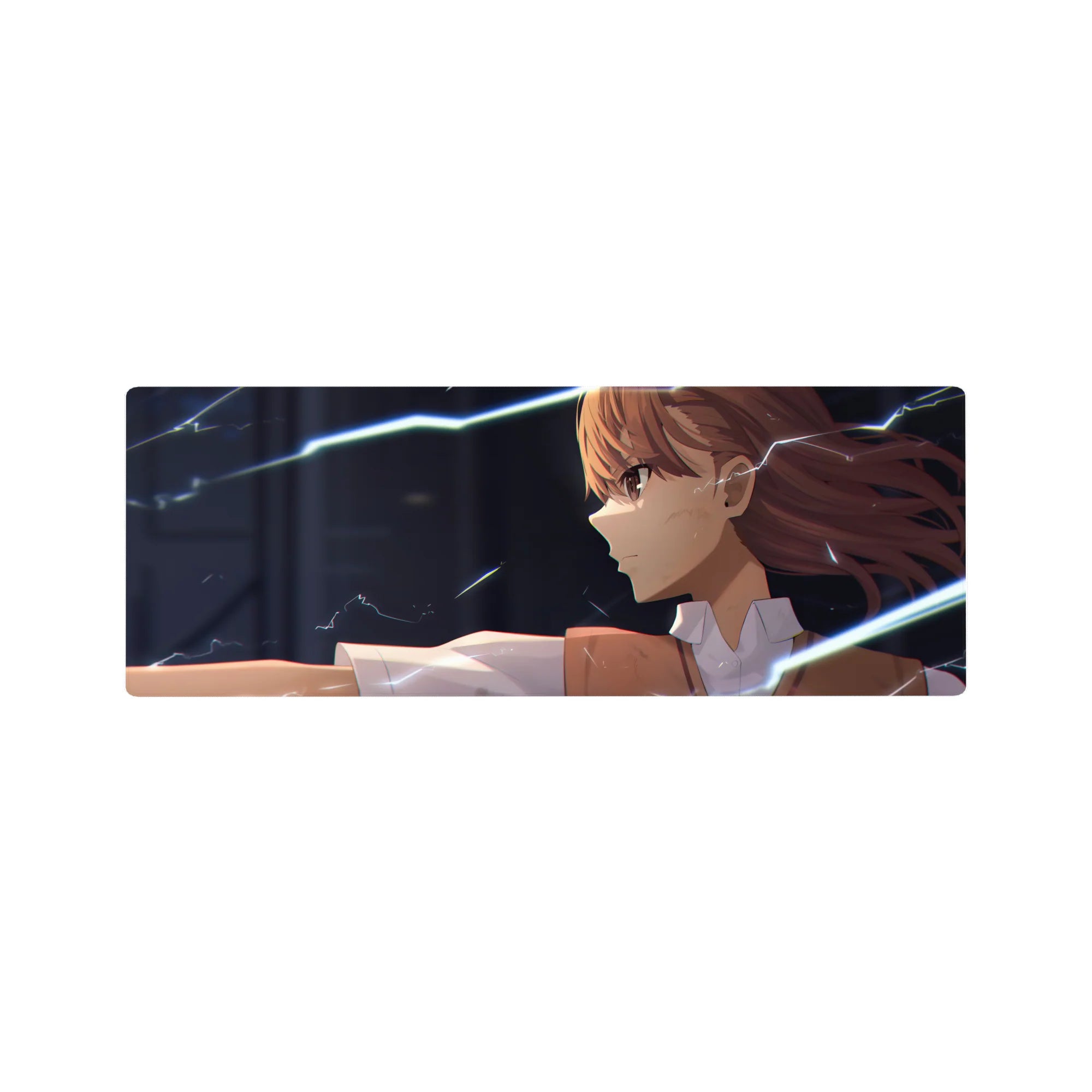 32x12 inches anime girl mouse pad with side-glance heroine and neon-blue lightning on a dark background.