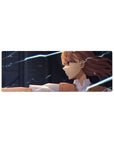 32x12 inches anime girl mouse pad with side-glance heroine and neon-blue lightning on a dark background.