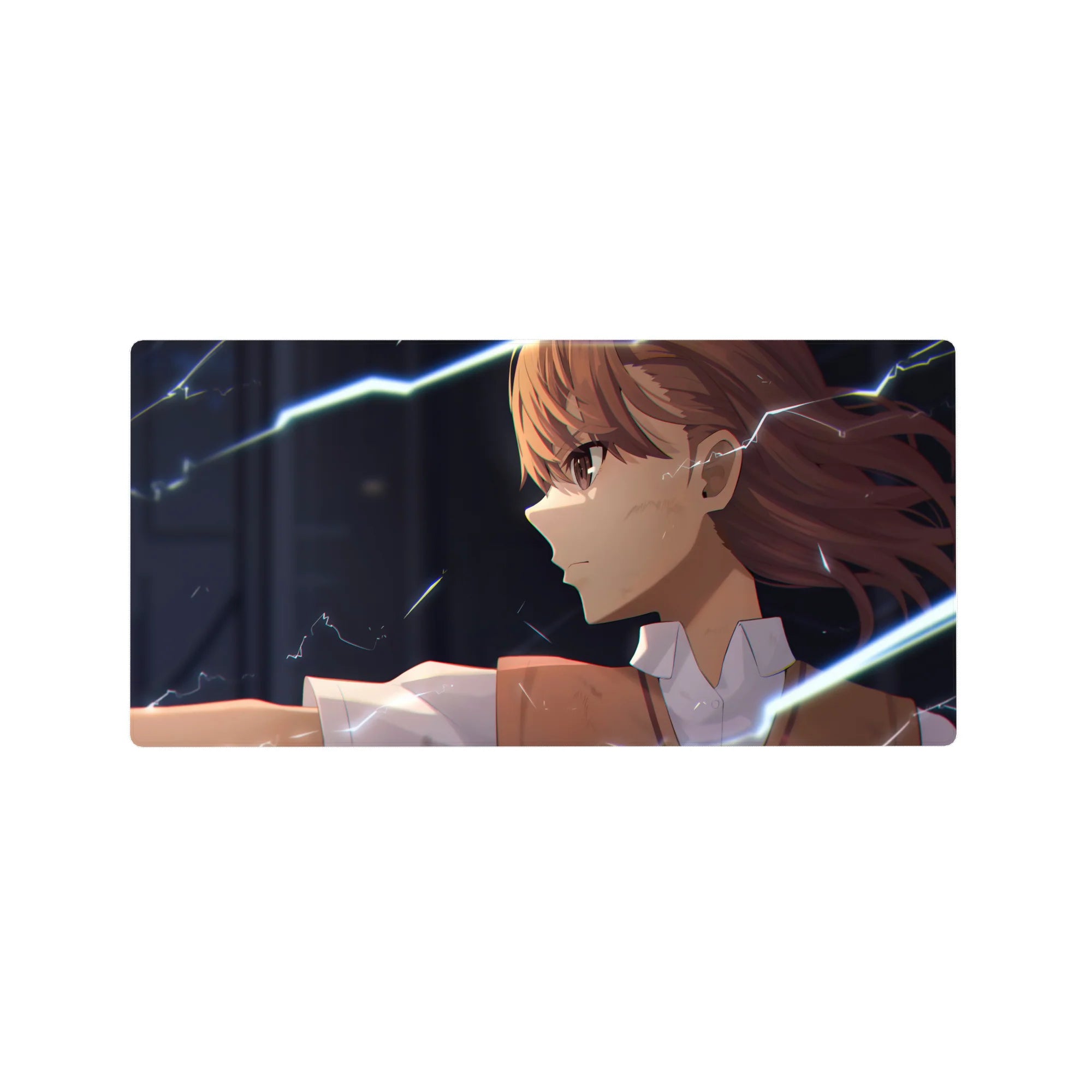 Anime girl mouse pad 32x16 inches with fierce side-glance, lightning effects, and dark background desk mat.