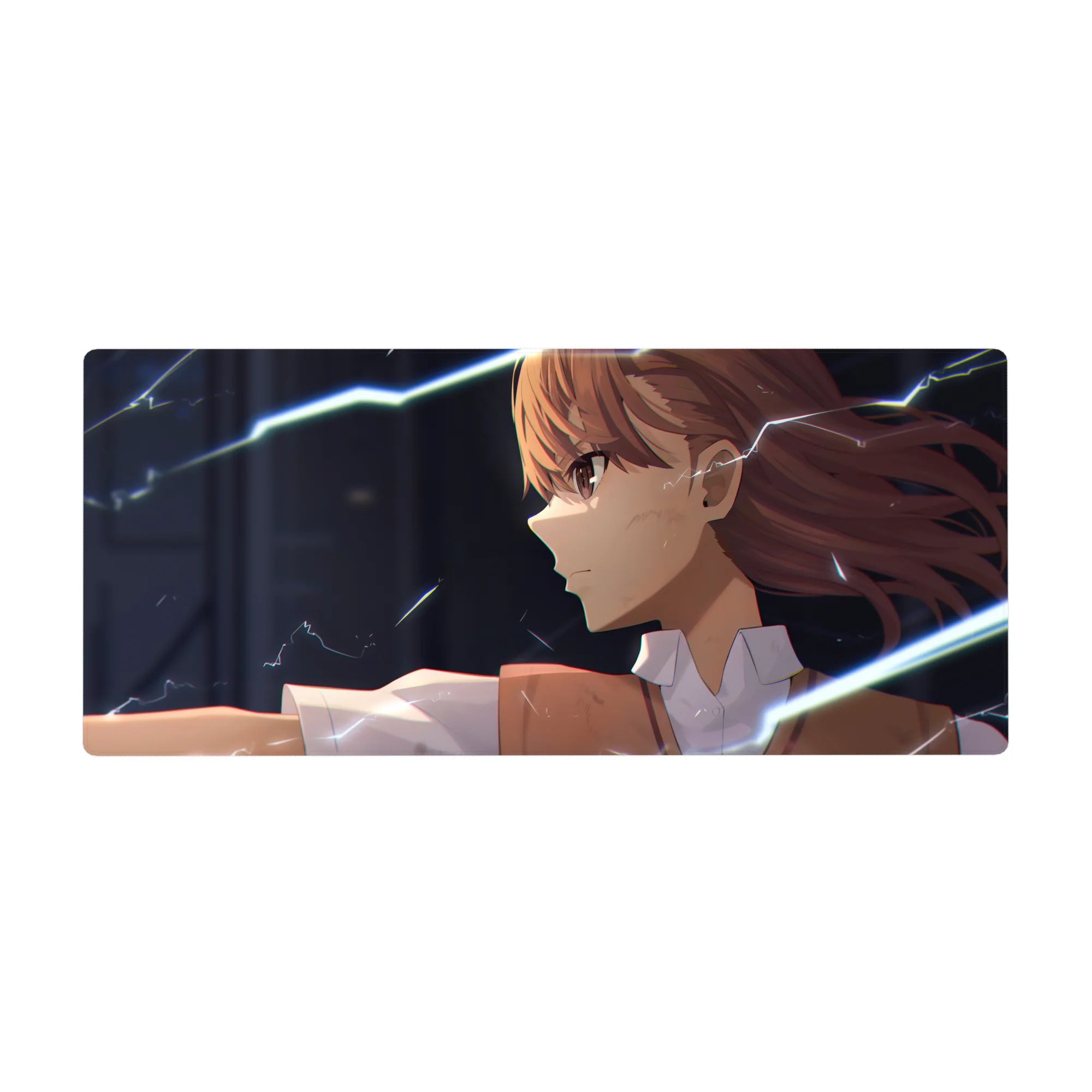 36x16 inches anime girl desk pad with fierce side glance and neon-blue lightning on a dark background.
