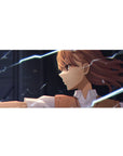 36x16 inches anime girl desk pad with fierce side glance and neon-blue lightning on a dark background.