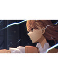 Anime girl desk pad 40x20 inches with side-glance heroine, chestnut hair and neon-blue lightning accents.