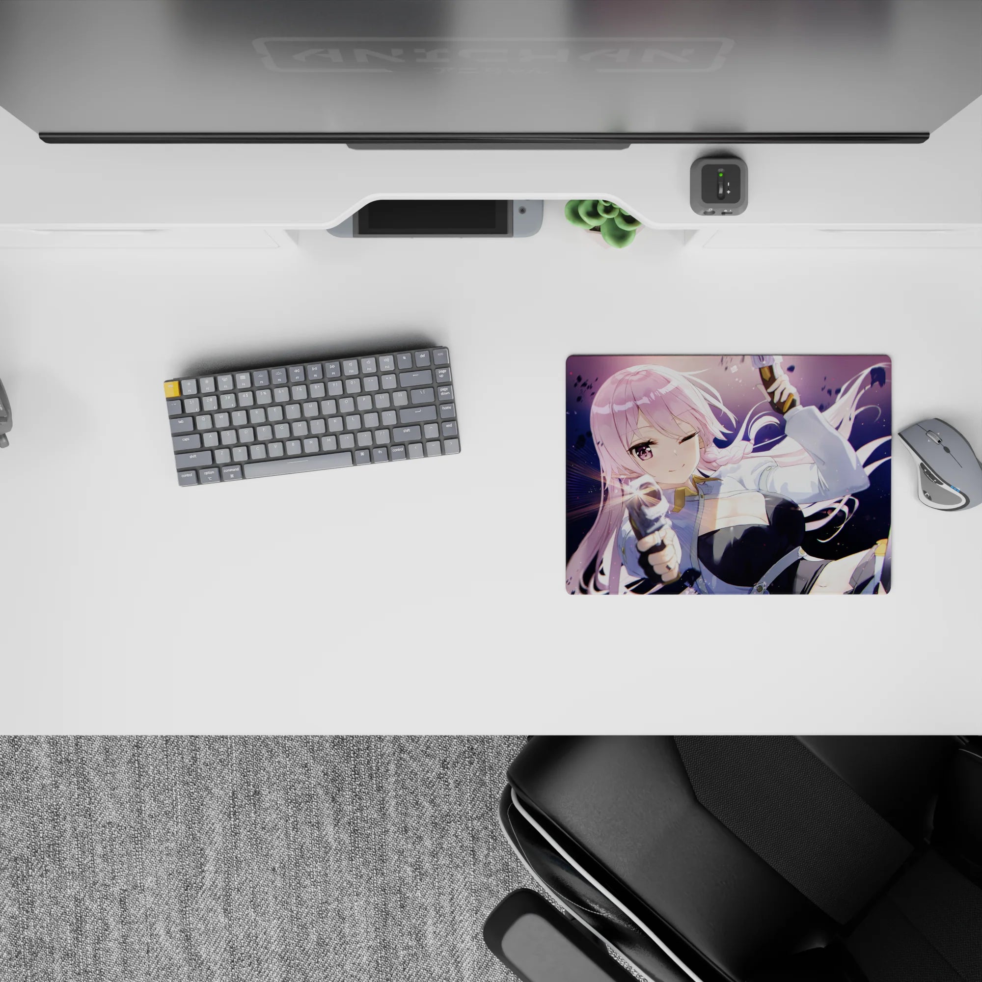 Pastel pink and purple night anime mouse pad 14x10 inches, sparkly dust and action-debris vibe.