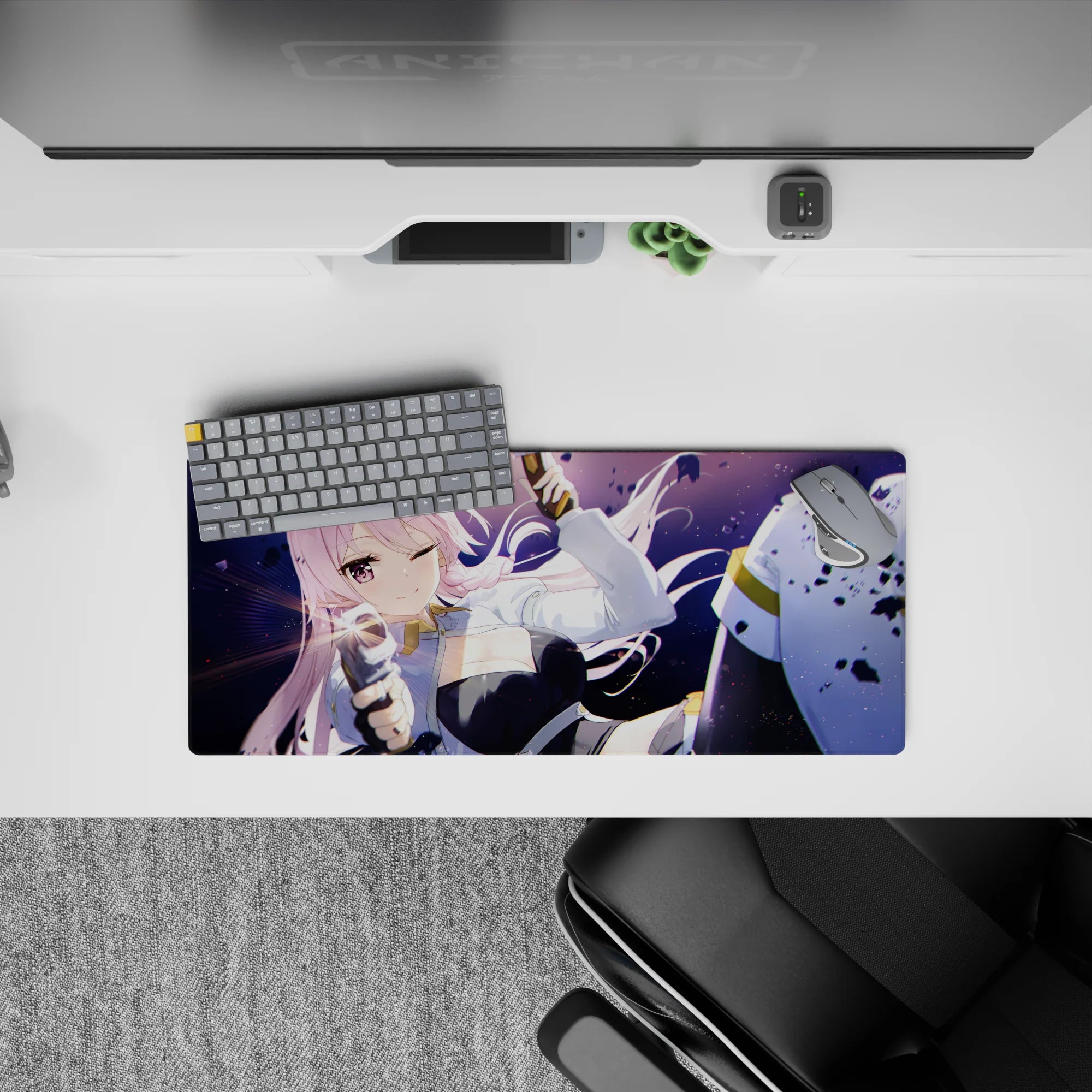 Pastel pink and purple night gradient anime girl mouse pad 28x12 inches, sparkly dust and action vibe.