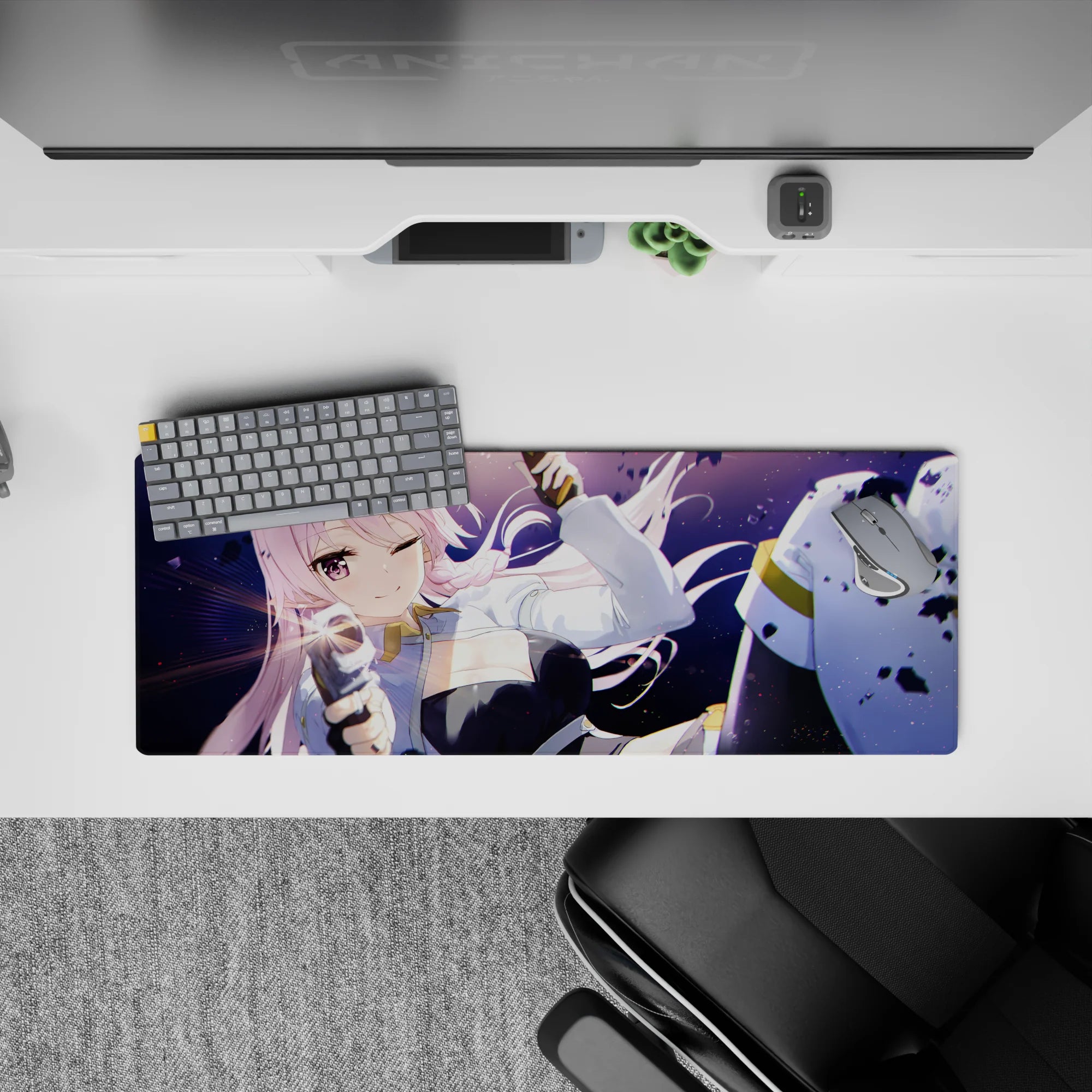 Pastel pink and purple night anime girl mouse pad 32x12 inches with sparkly dust and action vibe.