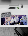 Pastel pink and purple night anime girl mouse pad 32x12 inches with sparkly dust and action vibe.