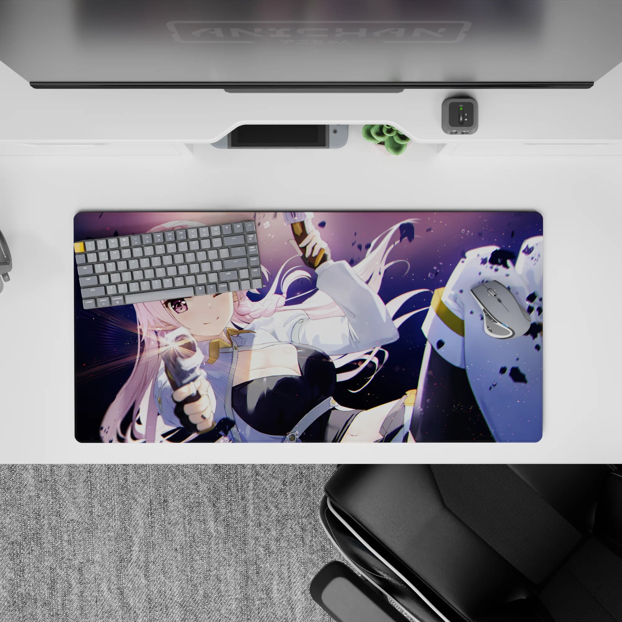32x16 inches anime desk mat in purple night tones with sparkly dust, neon glow, and dynamic debris.