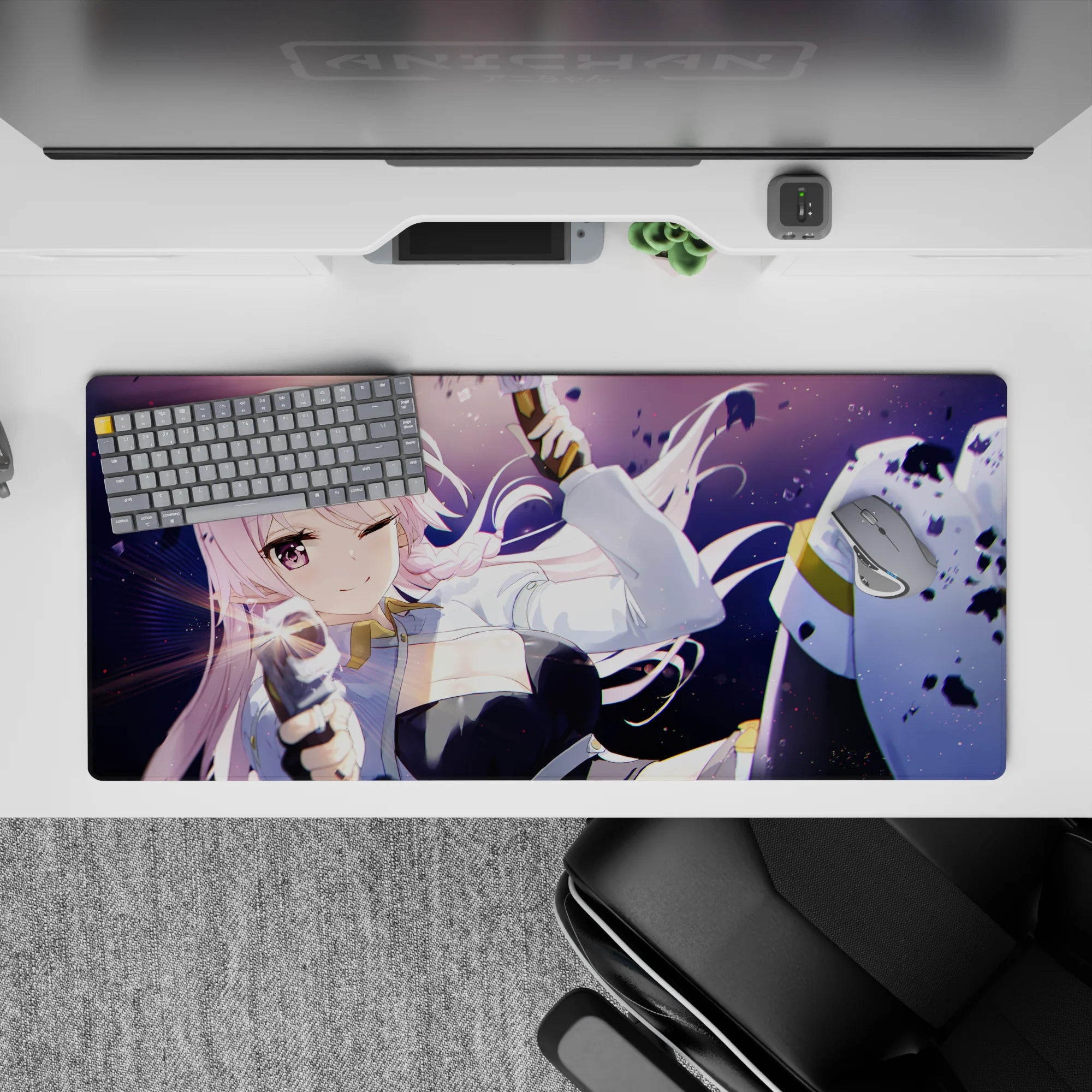 Pastel pink and purple night glow desk pad 36x16 inches with sparkly dust and action-debris vibe.