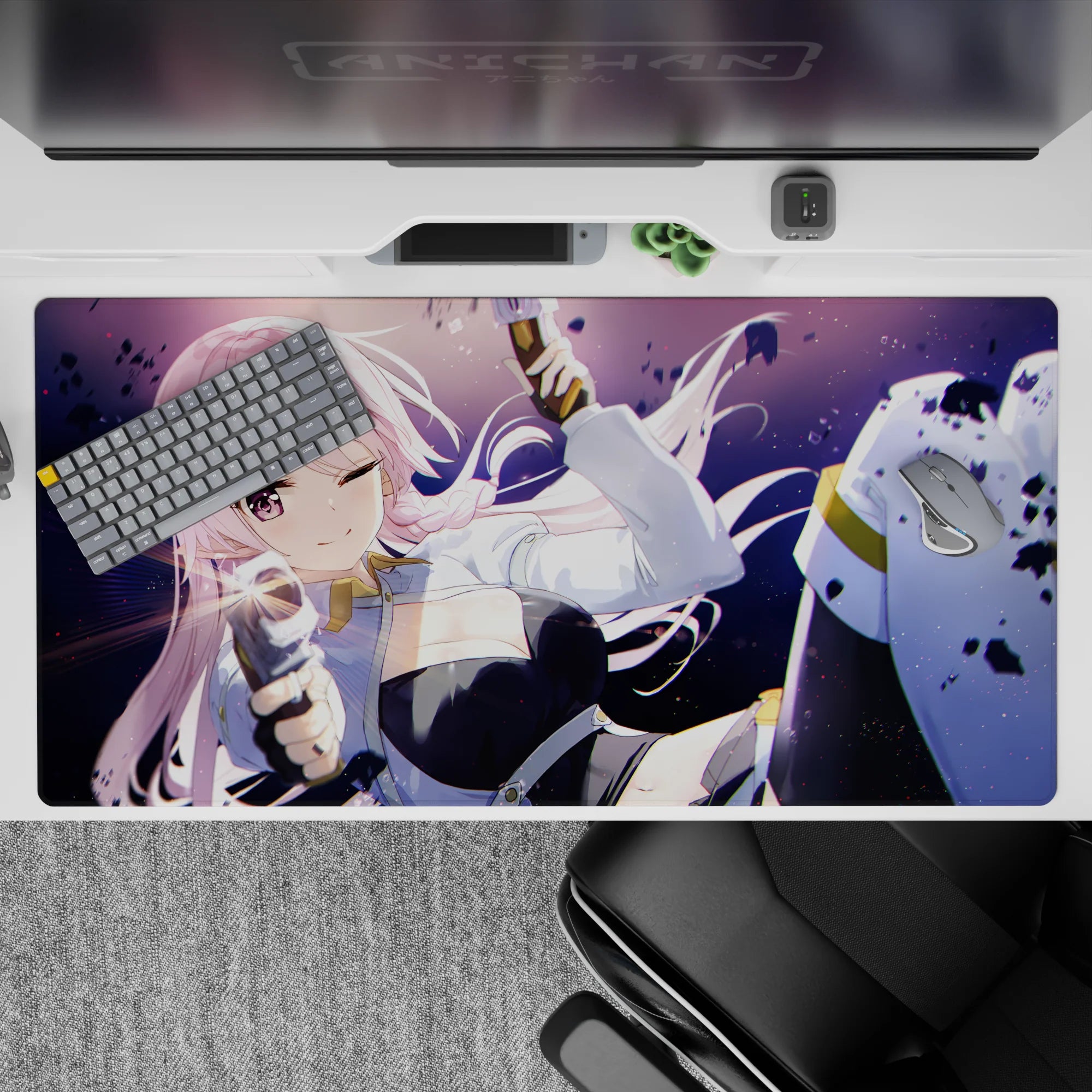 Pastel pink, purple night glow anime desk pad 40x20 inches with sparkly dust and action energy.