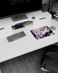 Winking pink-haired anime girl amid flying debris on purple backdrop mouse pad 14x10 inches.