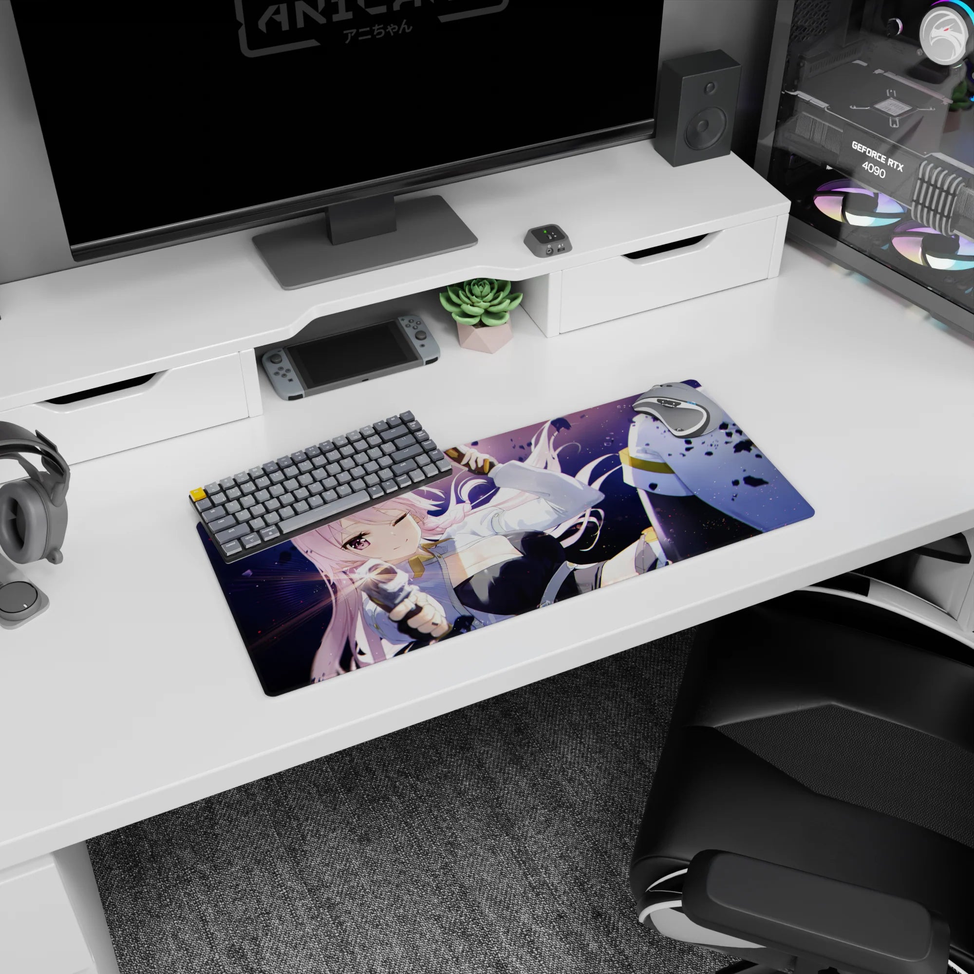 Winking long pink-haired anime girl amid flying debris on purple night backdrop, mouse pad 28x12 inches.