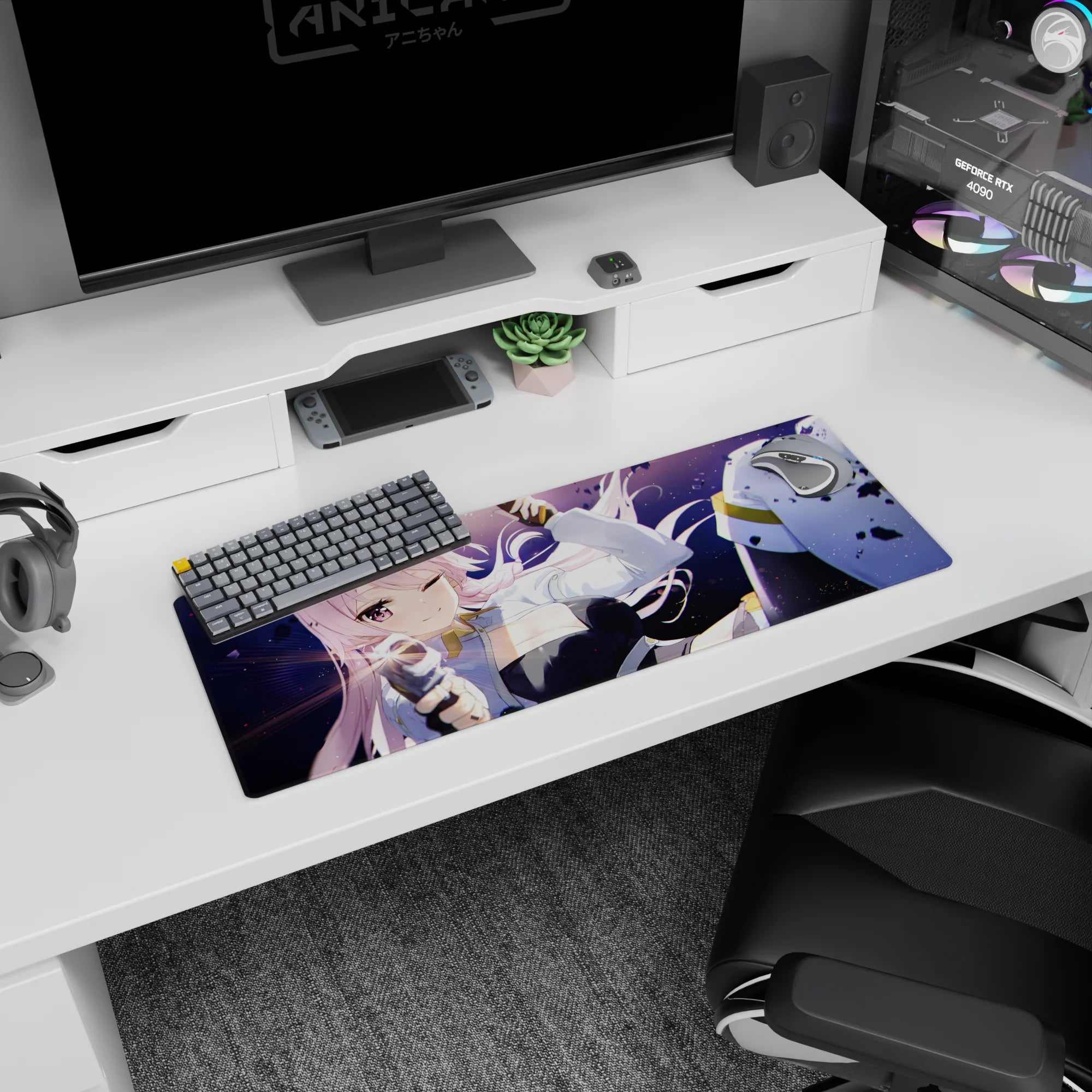Winking pink-haired anime girl amid flying debris on purple backdrop, extended mouse pad 32x12 inches.