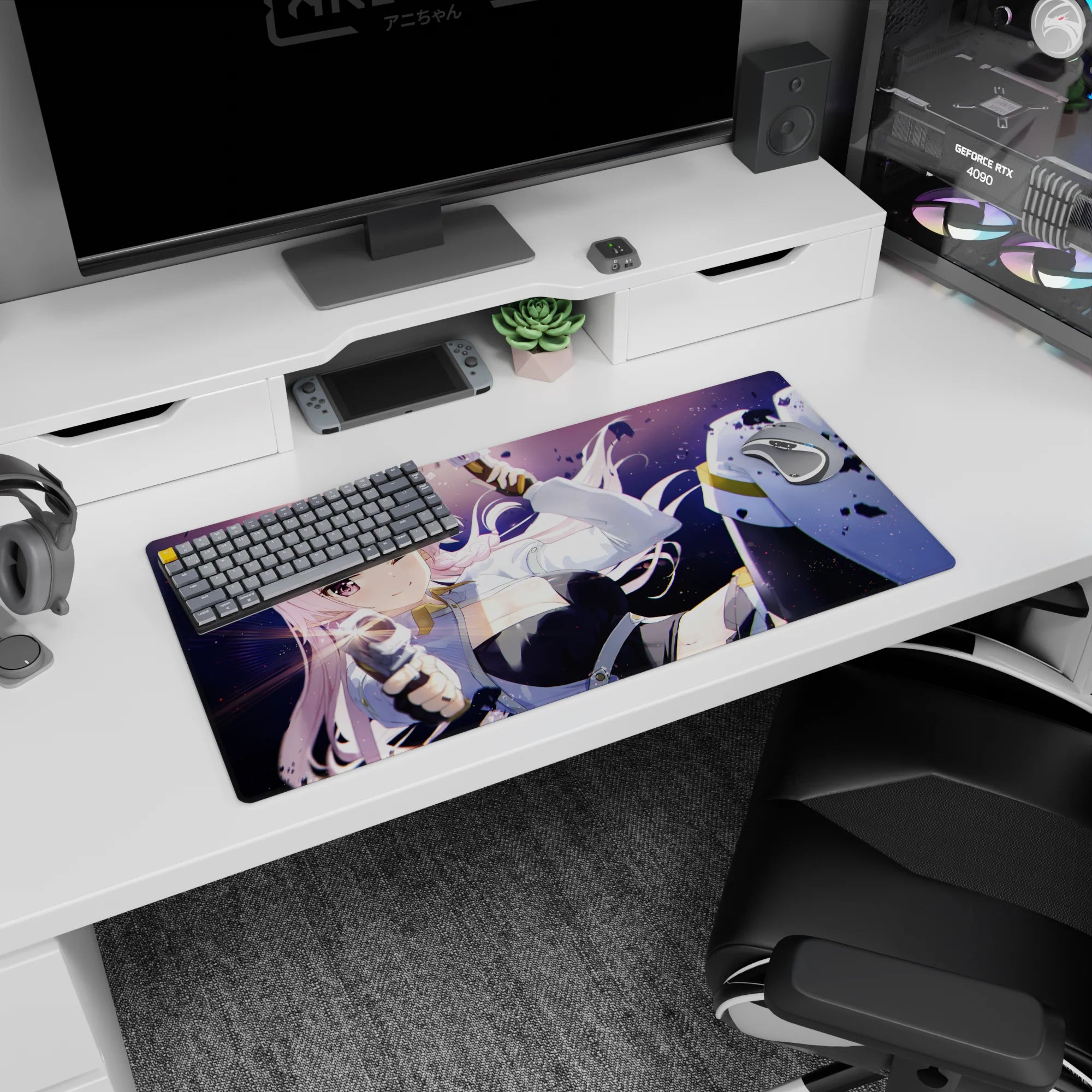 32x16 inches extended mouse pad showing a winking pink-haired anime girl amid flying rubble action scene.