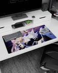 32x16 inches extended mouse pad showing a winking pink-haired anime girl amid flying rubble action scene.