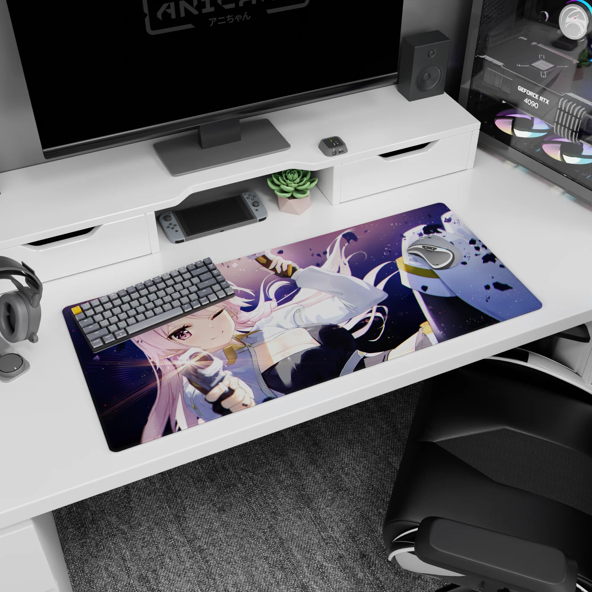Winking long pink-haired anime girl on 36x16 inches desk pad, sleek black suit in a purple scene.