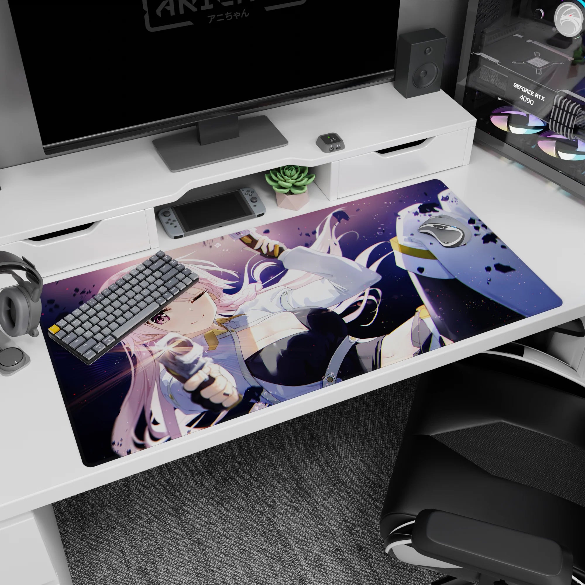 Winking pink-haired anime girl in sleek black outfit amid flying debris on 40x20 inches desk pad.