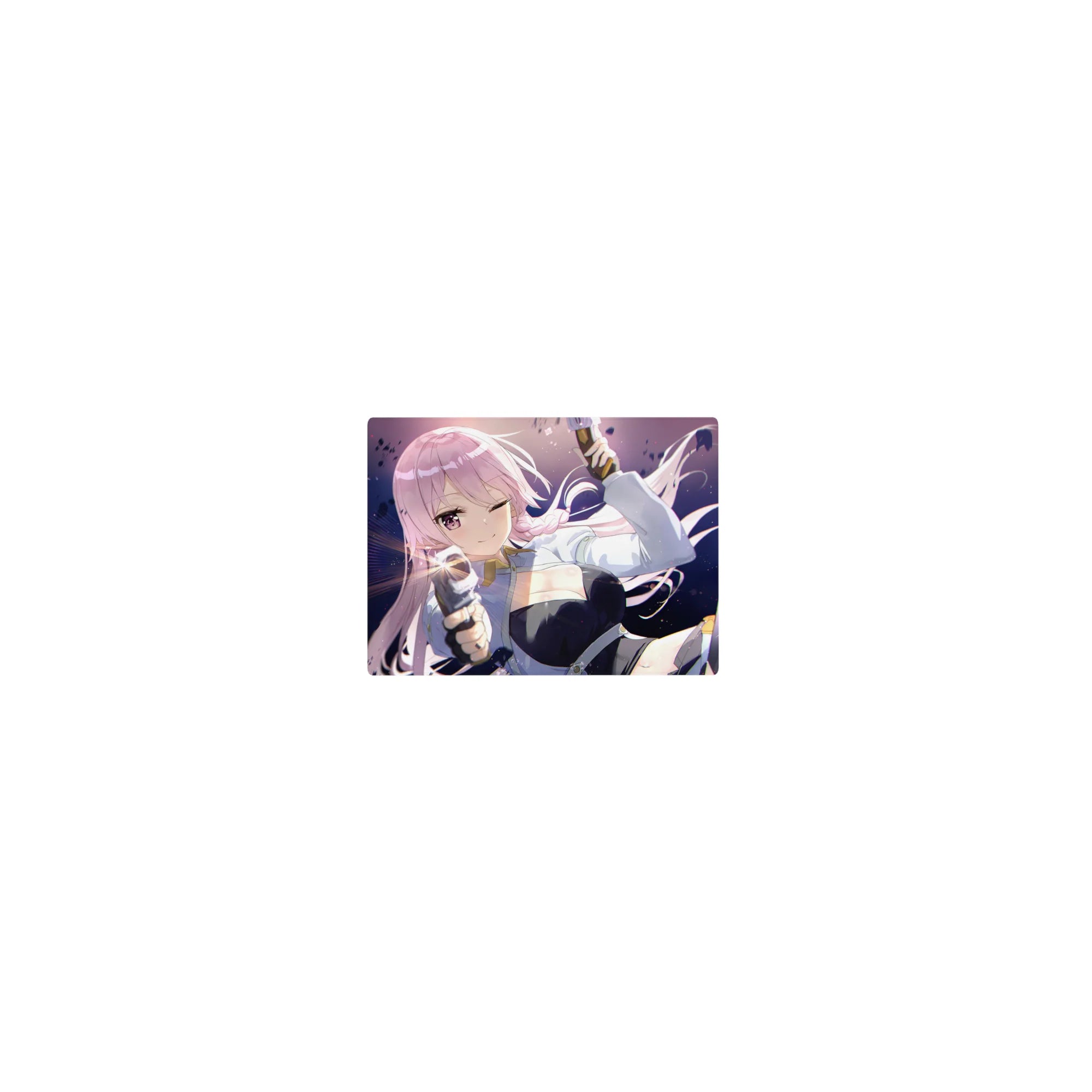 Classic anime girl mouse pad 14x10 inches, pink-haired winking heroine in white jacket and black outfit.